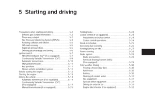 5 Starting and driving


Precautions when starting and driving. . . . . . . . . . . . . . . . 5-2                       Parking brake . . . . . . . . . . . . . . . . . . . . . . . . . . . . . . . . . . . . 5-23
   Exhaust gas (carbon monoxide) . . . . . . . . . . . . . . . . . . 5-2                       Cruise control (if so equipped) . . . . . . . . . . . . . . . . . . . . . 5-24
   Three-way catalyst. . . . . . . . . . . . . . . . . . . . . . . . . . . . . . 5-2              Precautions on cruise control . . . . . . . . . . . . . . . . . . . 5-24
   Tire Pressure Monitoring System (TPMS). . . . . . . . . . 5-3                                  Cruise control operations. . . . . . . . . . . . . . . . . . . . . . . 5-24
   Avoiding collision and rollover . . . . . . . . . . . . . . . . . . . . 5-5                 Break-in schedule . . . . . . . . . . . . . . . . . . . . . . . . . . . . . . . . 5-25
   Off-road recovery. . . . . . . . . . . . . . . . . . . . . . . . . . . . . . . 5-5          Increasing fuel economy. . . . . . . . . . . . . . . . . . . . . . . . . . . 5-26
   Rapid air pressure loss . . . . . . . . . . . . . . . . . . . . . . . . . . 5-6             Parking/parking on hills. . . . . . . . . . . . . . . . . . . . . . . . . . . . 5-27
   Drinking alcohol/drugs and driving. . . . . . . . . . . . . . . . 5-6                       Power steering . . . . . . . . . . . . . . . . . . . . . . . . . . . . . . . . . . . 5-28
Ignition switch. . . . . . . . . . . . . . . . . . . . . . . . . . . . . . . . . . . . . 5-7   Brake system . . . . . . . . . . . . . . . . . . . . . . . . . . . . . . . . . . . . 5-28
   NISSAN Intelligent Key™ (if so equipped) . . . . . . . . . 5-7
                                                                                                  Brake precautions . . . . . . . . . . . . . . . . . . . . . . . . . . . . . 5-28
   Continuously Variable Transmission (CVT) . . . . . . . . . 5-9
                                                                                                  Anti-lock Braking System (ABS)
   Automatic transmission. . . . . . . . . . . . . . . . . . . . . . . . . 5-10
                                                                                                  (if so equipped) . . . . . . . . . . . . . . . . . . . . . . . . . . . . . . . 5-29
   Manual transmission . . . . . . . . . . . . . . . . . . . . . . . . . . . 5-11
                                                                                               Cold weather driving . . . . . . . . . . . . . . . . . . . . . . . . . . . . . . 5-30
   Key positions . . . . . . . . . . . . . . . . . . . . . . . . . . . . . . . . . 5-11
                                                                                                  Freeing a frozen door lock . . . . . . . . . . . . . . . . . . . . . . 5-30
   Nissan vehicle immobilizer system . . . . . . . . . . . . . . . 5-12
                                                                                                  Anti-freeze . . . . . . . . . . . . . . . . . . . . . . . . . . . . . . . . . . . . 5-30
Before starting the engine . . . . . . . . . . . . . . . . . . . . . . . . . 5-12
Starting the engine . . . . . . . . . . . . . . . . . . . . . . . . . . . . . . . 5-13            Battery . . . . . . . . . . . . . . . . . . . . . . . . . . . . . . . . . . . . . . . 5-30
Driving the vehicle . . . . . . . . . . . . . . . . . . . . . . . . . . . . . . . . 5-14          Draining of coolant water . . . . . . . . . . . . . . . . . . . . . . . 5-31
   Automatic transmission (if so equipped). . . . . . . . . . 5-14                                Tire equipment . . . . . . . . . . . . . . . . . . . . . . . . . . . . . . . . 5-31
   Continuously Variable Transmission (CVT)                                                       Special winter equipment. . . . . . . . . . . . . . . . . . . . . . . 5-31
   (if so equipped) . . . . . . . . . . . . . . . . . . . . . . . . . . . . . . . 5-17            Driving on snow or ice . . . . . . . . . . . . . . . . . . . . . . . . . 5-31
   Manual transmission (if so equipped) . . . . . . . . . . . . 5-21                              Engine block heater (if so equipped) . . . . . . . . . . . . . 5-32




                                                                                                ੬ REVIEW COPY—2009 Versa (vrs)
                                                                                                Owners Manual—USA_English (nna)
                                                                                                09/10/08—debbie ੭
 