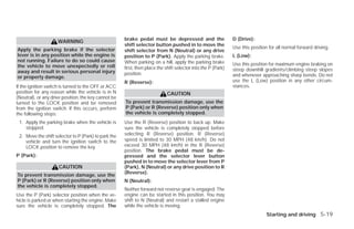 brake pedal must be depressed and the                    D (Drive):
                     WARNING
                                                      shift selector button pushed in to move the
Apply the parking brake if the selector                                                                        Use this position for all normal forward driving.
                                                      shift selector from N (Neutral) or any drive
lever is in any position while the engine is          position to P (Park). Apply the parking brake.           L (Low):
not running. Failure to do so could cause             When parking on a hill, apply the parking brake
the vehicle to move unexpectedly or roll                                                                       Use this position for maximum engine braking on
                                                      first, then place the shift selector into the P (Park)   steep downhill gradients/climbing steep slopes
away and result in serious personal injury            position.
or property damage.                                                                                            and whenever approaching sharp bends. Do not
                                                      R (Reverse):                                             use the L (Low) position in any other circum-
If the ignition switch is turned to the OFF or ACC                                                             stances.
position for any reason while the vehicle is in N                           CAUTION
(Neutral), or any drive position, the key cannot be
turned to the LOCK position and be removed            To prevent transmission damage, use the
from the ignition switch. If this occurs, perform     P (Park) or R (Reverse) position only when
the following steps:                                  the vehicle is completely stopped.
 1. Apply the parking brake when the vehicle is       Use the R (Reverse) position to back up. Make
    stopped.                                          sure the vehicle is completely stopped before
 2. Move the shift selector to P (Park) to park the   selecting R (Reverse) position. R (Reverse)
    vehicle and turn the ignition switch to the       speed is limited to 30 MPH (48 km/h). Do not
    LOCK position to remove the key.                  exceed 30 MPH (48 km/h) in the R (Reverse)
                                                      position. The brake pedal must be de-
P (Park):                                             pressed and the selector lever button
                                                      pushed in to move the selector lever from P
                     CAUTION                          (Park), N (Neutral) or any drive position to R
                                                      (Reverse).
To prevent transmission damage, use the
P (Park) or R (Reverse) position only when            N (Neutral):
the vehicle is completely stopped.
                                                      Neither forward nor reverse gear is engaged. The
Use the P (Park) selector position when the ve-       engine can be started in this position. You may
hicle is parked or when starting the engine. Make     shift to N (Neutral) and restart a stalled engine
sure the vehicle is completely stopped. The           while the vehicle is moving.
                                                                                                                                Starting and driving 5-19




                                                                                      ੬ REVIEW COPY—2009 Versa (vrs)
                                                                                      Owners Manual—USA_English (nna)
                                                                                      09/10/08—debbie ੭
 