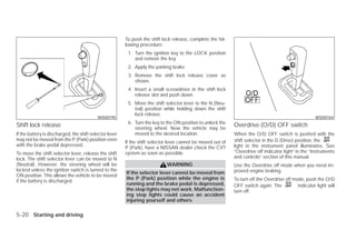 To push the shift lock release, complete the fol-
                                                         lowing procedure:
                                                          1. Turn the ignition key to the LOCK position
                                                             and remove the key.
                                                          2. Apply the parking brake.
                                                          3. Remove the shift lock release cover as
                                                             shown.
                                                          4. Insert a small screwdriver in the shift lock
                                                             release slot and push down.
                                                          5. Move the shift selector lever to the N (Neu-
                                                             tral) position while holding down the shift
                                                             lock release.
                                           WSD0195                                                                                                      WSD0164
                                                          6. Turn the key to the ON position to unlock the
Shift lock release                                           steering wheel. Now the vehicle may be
                                                                                                              Overdrive (O/D) OFF switch
If the battery is discharged, the shift selector lever       moved to the desired location.                   When the O/D OFF switch is pushed with the
may not be moved from the P (Park) position even                                                              shift selector in the D (Drive) position, the
                                                         If the shift selector lever cannot be moved out of
with the brake pedal depressed.                                                                               light in the instrument panel illuminates. See
                                                         P (Park), have a NISSAN dealer check the CVT
To move the shift selector lever, release the shift      system as soon as possible.                          “Overdrive off indicator light” in the “Instruments
lock. The shift selector lever can be moved to N                                                              and controls” section of this manual.
(Neutral). However, the steering wheel will be                               WARNING                          Use the Overdrive off mode when you need im-
locked unless the ignition switch is turned to the                                                            proved engine braking.
                                                         If the selector lever cannot be moved from
ON position. This allows the vehicle to be moved
                                                         the P (Park) position while the engine is            To turn off the Overdrive off mode, push the O/D
if the battery is discharged.
                                                         running and the brake pedal is depressed,            OFF switch again. The           indicator light will
                                                         the stop lights may not work. Malfunction-           turn off.
                                                         ing stop lights could cause an accident
                                                         injuring yourself and others.

5-20 Starting and driving




                                                                                        ੬ REVIEW COPY—2009 Versa (vrs)
                                                                                        Owners Manual—USA_English (nna)
                                                                                        09/10/08—debbie ੭
 