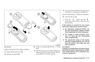 ● Do not touch the internal circuit and electric
                                                                                                       terminals as it could cause a malfunction.
                                                                                                    Recommended battery: CR2025 or equivalent.
                                                                                                    ᭺
                                                                                                    4   Close the lid securely.

                                                                                                     5. Press the           button, then the
                                                                                                        button two or three times to check the key-
                                                                                                        fob operation.
                                                                                                    If the battery is removed for any reason
                                                                                                    other than replacement, perform step 5.
                                                                                                     ● An improperly disposed battery can
                                                                                                       hurt the environment. Always confirm
                                                                                                       local regulations for battery disposal.
                                                                                                     ● The keyfob is water-resistant; how-
                                                                                                       ever, if it does get wet, immediately
                                                                                                       wipe completely dry.
                                                                                                     ● The operational range of the keyfob
                                                                                                       extends to approximately 33 ft (10 m)
                                                                                                       from the vehicle. This range may vary
                                                                                         LDI0484       with conditions.
KEYFOB                                          ᭺
                                                3   Install a new battery   ᭺ with the “+” facing
                                                                            C                       FCC Notice:
                                                    down.                                           Changes or modifications not expressly ap-
Replace the battery in the keyfob as follows:                                                       proved by the party responsible for compli-
                                                ● Hold the battery by the edges. Holding the
᭺
1   Open the lid using a coin ᭺.
                              A
                                                  battery across the contact points will seri-
                                                                                                    ance could void the user’s authority to op-
                                                                                                    erate the equipment.
᭺
2   Remove the battery ᭺.
                       B                          ously deplete the storage capacity.


                                                                                                     Maintenance and do-it-yourself 8-27




                                                                                ੬ REVIEW COPY—2009 Versa (vrs)
                                                                                Owners Manual—USA_English (nna)
                                                                                09/10/08—debbie ੭
 