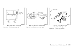 WDI0624                                       LDI0625                                         SDI1873
         Map lights (if so equipped)             High-mounted stop light (sedan)                   Luggage compartment light
Use a cloth to protect the housing.          Open the trunk to access the bulb base.                        (Hatchback)
                                                                                           Use a cloth to protect the housing.




                                                                                            Maintenance and do-it-yourself 8-33




                                                                       ੬ REVIEW COPY—2009 Versa (vrs)
                                                                       Owners Manual—USA_English (nna)
                                                                       09/10/08—debbie ੭
 