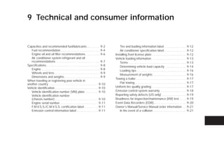 9 Technical and consumer information


Capacities and recommended fuel/lubricants . . . . . . . . . 9-2                                    Tire and loading information label. . . . . . . . . . . . . . . . 9-12
   Fuel recommendation . . . . . . . . . . . . . . . . . . . . . . . . . . . 9-4                    Air conditioner specification label. . . . . . . . . . . . . . . . 9-12
   Engine oil and oil filter recommendations . . . . . . . . . . 9-6                            Installing front license plate . . . . . . . . . . . . . . . . . . . . . . . . 9-12
   Air conditioner system refrigerant and oil                                                   Vehicle loading information . . . . . . . . . . . . . . . . . . . . . . . . 9-13
   recommendations . . . . . . . . . . . . . . . . . . . . . . . . . . . . . . 9-7                  Terms . . . . . . . . . . . . . . . . . . . . . . . . . . . . . . . . . . . . . . . . 9-13
Specifications. . . . . . . . . . . . . . . . . . . . . . . . . . . . . . . . . . . . . 9-8         Determining vehicle load capacity . . . . . . . . . . . . . . . 9-14
   Engine . . . . . . . . . . . . . . . . . . . . . . . . . . . . . . . . . . . . . . . . 9-8       Loading tips . . . . . . . . . . . . . . . . . . . . . . . . . . . . . . . . . . 9-16
   Wheels and tires . . . . . . . . . . . . . . . . . . . . . . . . . . . . . . . 9-9
                                                                                                    Measurement of weights . . . . . . . . . . . . . . . . . . . . . . . 9-16
   Dimensions and weights . . . . . . . . . . . . . . . . . . . . . . . . 9-9
                                                                                                Towing a trailer . . . . . . . . . . . . . . . . . . . . . . . . . . . . . . . . . . . 9-17
When traveling or registering your vehicle in
another country . . . . . . . . . . . . . . . . . . . . . . . . . . . . . . . . . . 9-10            Flat towing. . . . . . . . . . . . . . . . . . . . . . . . . . . . . . . . . . . . 9-17
Vehicle identification . . . . . . . . . . . . . . . . . . . . . . . . . . . . . . 9-10         Uniform tire quality grading . . . . . . . . . . . . . . . . . . . . . . . . 9-17
   Vehicle identification number (VIN) plate . . . . . . . . . 9-10                             Emission control system warranty . . . . . . . . . . . . . . . . . . 9-18
   Vehicle identification number                                                                Reporting safety defects (US only) . . . . . . . . . . . . . . . . . 9-19
   (chassis number) . . . . . . . . . . . . . . . . . . . . . . . . . . . . . . 9-10            Readiness for inspection/maintenance (I/M) test . . . . . 9-19
   Engine serial number. . . . . . . . . . . . . . . . . . . . . . . . . . . 9-11               Event Data Recorders (EDR). . . . . . . . . . . . . . . . . . . . . . . 9-20
   F.M.V.S.S./C.M.V.S.S. certification label . . . . . . . . . . 9-11                           Owner’s Manual/Service Manual order information . . . 9-21
   Emission control information label . . . . . . . . . . . . . . . 9-11                            In the event of a collision . . . . . . . . . . . . . . . . . . . . . . . 9-21




                                                                                                 ੬ REVIEW COPY—2009 Versa (vrs)
                                                                                                 Owners Manual—USA_English (nna)
                                                                                                 09/10/08—debbie ੭
 