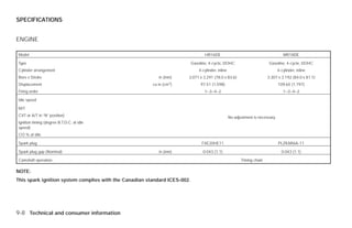 SPECIFICATIONS


ENGINE

Model                                                                             HR16DE                                             MR18DE

Type                                                                       Gasoline, 4-cycle, DOHC                         Gasoline, 4-cycle, DOHC
Cylinder arrangement                                                           4-cylinder, inline                                 4-cylinder, inline
Bore x Stroke                                              in (mm)     3.071 x 3.291 (78.0 x 83.6)                        3.307 x 3.192 (84.0 x 81.1)
Displacement                                            cu in (cm3)             97.51 (1,598)                                     109.65 (1,797)
Firing order                                                                      1–3–4–2                                            1–3–4–2

Idle speed

M/T
CVT or A/T in “N” position)                                                                         No adjustment is necessary.
Ignition timing (degree B.T.D.C. at idle
speed)
CO % at idle

Spark plug                                                                      FXE20HE11                                         PLZKAR6A-11

Spark plug gap (Nominal)                                   in (mm)               0.043 (1.1)                                        0.043 (1.1)

Camshaft operation                                                                                         Timing chain

NOTE:
This spark ignition system complies with the Canadian standard ICES-002.




9-8 Technical and consumer information




                                                                      ੬ REVIEW COPY—2009 Versa (vrs)
                                                                      Owners Manual—USA_English (nna)
                                                                      09/10/08—debbie ੭
 