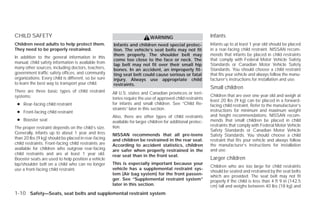 CHILD SAFETY                                                               WARNING                           Infants
Children need adults to help protect them.            Infants and children need special protec-              Infants up to at least 1 year old should be placed
They need to be properly restrained.                  tion. The vehicle’s seat belts may not fit             in a rear-facing child restraint. NISSAN recom-
                                                      them properly. The shoulder belt may                   mends that infants be placed in child restraints
In addition to the general information in this
                                                      come too close to the face or neck. The                that comply with Federal Motor Vehicle Safety
manual, child safety information is available from                                                           Standards or Canadian Motor Vehicle Safety
                                                      lap belt may not fit over their small hip
many other sources, including doctors, teachers,      bones. In an accident, an improperly fit-              Standards. You should choose a child restraint
government traffic safety offices, and community      ting seat belt could cause serious or fatal            that fits your vehicle and always follow the manu-
organizations. Every child is different, so be sure   injury. Always use appropriate child                   facturer’s instructions for installation and use.
to learn the best way to transport your child.        restraints.
                                                                                                             Small children
There are three basic types of child restraint        All U.S. states and Canadian provinces or terri-
systems:                                                                                                     Children that are over one year old and weigh at
                                                      tories require the use of approved child restraints    least 20 lbs (9 kg) can be placed in a forward-
 ● Rear-facing child restraint                        for infants and small children. See “Child Re-         facing child restraint. Refer to the manufacturer’s
                                                      straints” later in this section.                       instructions for minimum and maximum weight
 ● Front-facing child restraint
                                                      Also, there are other types of child restraints        and height recommendations. NISSAN recom-
 ● Booster seat                                       available for larger children for additional protec-   mends that small children be placed in child
                                                      tion.                                                  restraints that comply with Federal Motor Vehicle
The proper restraint depends on the child’s size.
                                                                                                             Safety Standards or Canadian Motor Vehicle
Generally, infants up to about 1 year and less        NISSAN recommends that all pre-teens                   Safety Standards. You should choose a child
than 20 lbs (9 kg) should be placed in rear-facing    and children be restrained in the rear seat.           restraint that fits your vehicle and always follow
child restraints. Front-facing child restraints are   According to accident statistics, children             the manufacturer’s instructions for installation
available for children who outgrow rear-facing        are safer when properly restrained in the              and use.
child restraints and are at least 1 year old.         rear seat than in the front seat.
Booster seats are used to help position a vehicle                                                            Larger children
lap/shoulder belt on a child who can no longer        This is especially important because your
                                                                                                             Children who are too large for child restraints
use a front-facing child restraint.                   vehicle has a supplemental restraint sys-
                                                                                                             should be seated and restrained by the seat belts
                                                      tem (Air bag system) for the front passen-             which are provided. The seat belt may not fit
                                                      ger. See “Supplemental restraint system”               properly if the child is less than 4 ft 9 in (142.5
                                                      later in this section.                                 cm) tall and weighs between 40 lbs (18 kg) and
1-10 Safety—Seats, seat belts and supplemental restraint system




                                                                                     ੬ REVIEW COPY—2009 Versa (vrs)
                                                                                     Owners Manual—USA_English (nna)
                                                                                     09/10/08—debbie ੭
 