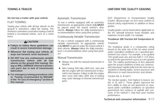 TOWING A TRAILER                                                                                        UNIFORM TIRE QUALITY GRADING


Do not tow a trailer with your vehicle.           Automatic Transmission                                DOT (Department of Transportation) Quality
                                                                                                        Grades: All passenger car tires must conform to
FLAT TOWING                                       To tow a vehicle equipped with an automatic           federal safety requirements in addition to these
                                                  transmission, an appropriate vehicle dolly MUST       grades.
Towing your vehicle with all four wheels on the
                                                  be placed under the towed vehicle’s drive
ground is sometimes called flat towing. This
                                                  wheels. Always follow the dolly manufacturer’s        Quality grades can be found where applicable on
method is sometimes used when towing a vehicle
                                                  recommendations when using their product.             the tire sidewall between tread shoulder and
behind a recreational vehicle, such as a motor
                                                                                                        maximum section width. For example:
home.                                             Continuously Variable Transmission
                                                                                                        Treadwear 200 Traction AA Temperature A
                   CAUTION                        To tow a vehicle equipped with a continuously
                                                  variable transmission, an appropriate vehicle         Treadwear
● Failure to follow these guidelines can          dolly MUST be placed under the towed vehicle’s        The treadwear grade is a comparative rating
  result in severe transmission damage.           drive wheels. Always follow the dolly manufac-        based on the wear rate of the tire when tested
● Whenever flat towing your vehicle, al-          turer’s recommendations when using their prod-        under controlled conditions on a specified gov-
  ways tow forward, never backward.               uct.                                                  ernment test course. For example, a tire graded
● DO NOT tow any continuously variable            Manual Transmission                                   150 would wear one and one-half (1 1/2) times
  transmission vehicle with all four                                                                    as well on the government course as a tire graded
                                                   ● Always tow with the manual transmission in         100. The relative performance of tires depends
  wheels on the ground (flat towing). Do-
                                                     Neutral.                                           upon the actual conditions of their use, however,
  ing so WILL DAMAGE internal transmis-
  sion parts due to lack of transmission           ● After towing 500 miles (805 km), start and         and may depart significantly from the norm due to
  lubrication.                                       idle the engine with the transmission in Neu-      variations in driving habits, service practices and
                                                     tral for two minutes. Failure to idle the engine   differences in road characteristics and climate.
● For emergency towing procedures refer
                                                     after every 500 miles (805 km) of towing           Traction AA, A, B and C
  to “Towing recommended by NISSAN”
                                                     may cause damage to internal transmission
  in the “In case of emergency” section of                                                              The traction grades, from highest to lowest, are
                                                     parts.
  this manual.                                                                                          AA, A, B, and C. Those grades represent the
                                                                                                        tire’s ability to stop on wet pavement as mea-
                                                                                                        sured under controlled conditions on specified
                                                                                                        government test surfaces of asphalt and con-
                                                                                                        crete. A tire marked C may have poor traction
                                                                                                        performance.
                                                                                                    Technical and consumer information 9-17




                                                                                ੬ REVIEW COPY—2009 Versa (vrs)
                                                                                Owners Manual—USA_English (nna)
                                                                                09/10/08—debbie ੭
 
