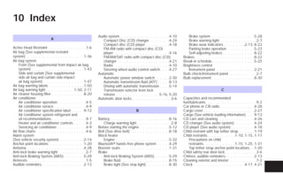 10 Index
                                                         Audio system . . . . . . . . . . . . . . . . . .4-10                      Brake system . . . . . . . . . . . . . . . .5-28
                          A                                 Compact Disc (CD) changer . . . . . . .4-24                            Brake warning light . . . . . . . . . . . . . .2-7
                                                            Compact disc (CD) player . . . . . . . . .4-18                         Brake wear indicators . . . . . . . .2-13, 8-22
Active Head Restraint . . . . . . . . . . . . . .1-6        FM-AM radio with compact disc (CD)                                     Parking brake operation . . . . . . . . . .5-23
Air bag (See supplemental restraint                         player . . . . . . . . . . . . . . . . . . . .4-16                     Self-adjusting brakes . . . . . . . . . . . .8-22
system) . . . . . . . . . . . . . . . . . . . . .1-36       FM/AM/SAT radio with compact disc (CD)                             Brakes . . . . . . . . . . . . . . . . . . . . . .8-22
Air bag system                                              changer . . . . . . . . . . . . . . . . . . .4-21                  Break-in schedule. . . . . . . . . . . . . . . .5-25
    Front (See supplemental front impact air bag            Radio . . . . . . . . . . . . . . . . . . . .4-10                  Brightness control
    system) . . . . . . . . . . . . . . . . . . .1-43       Steering wheel audio control switch. . . .4-27                         Instrument panel . . . . . . . . . . . . . .2-21
    Side and curtain (See supplemental                   Automatic                                                             Bulb check/instrument panel . . . . . . . . . .2-7
    side air bag and curtain side-impact                    Automatic power window switch . . . . .2-30                        Bulb replacement . . . . . . . . . . . . . . . .8-30
    air bag system) . . . . . . . . . . . . . . .1-47       Automatic transmission fluid (ATF) . . . .8-13
Air bag warning labels . . . . . . . . . . . . .1-50        Driving with automatic transmission . . . .5-14
Air bag warning light. . . . . . . . . . .1-50, 2-11        Transmission selector lever lock                                                             C
Air cleaner housing filter . . . . . . . . . . . .8-20      release . . . . . . . . . . . . . . . .5-16, 5-20
Air conditioner                                          Automatic door locks. . . . . . . . . . . . . . .3-6                  Capacities and recommended
    Air conditioner operation. . . . . . . . . . .4-5                                                                          fuel/lubricants. . . . . . . . . . . . . . . . . . .9-2
    Air conditioner service . . . . . . . . . . . .4-9                                                                         Car phone or CB radio . . . . . . . . . . . . .4-28
    Air conditioner specification label . . . . .9-12                               B                                          Cargo cover . . . . . . . . . . . . . . . . . . .2-27
    Air conditioner system refrigerant and                                                                                     Cargo (See vehicle loading information) . . .9-13
    oil recommendations . . . . . . . . . . . . .9-7     Battery . . . . . . . . . . . . . . . . . .    .    .    .    .8-16   CD care and cleaning . . . . . . . . . . . . .4-26
    Heater and air conditioner controls . . . . .4-3        Charge warning light . . . . . . . .       .    .    .    . .2-8   CD changer (See audio system). . . . . . . .4-24
    Servicing air conditioner . . . . . . . . . . .4-9   Before starting the engine . . . . . . .       .    .    .    .5-12   CD player (See audio system) . . . . . . . . .4-18
Air flow charts . . . . . . . . . . . . . . . . . .4-6   Belt (See drive belt) . . . . . . . . . .      .    .    .    .8-18   Child restraint with top tether strap . . . . . .1-19
Alarm system                                             Block heater                                                          Child restraints . . . . . . . . . .1-10, 1-15, 1-17
(See vehicle security system) . . . . . . . . .2-14         Engine . . . . . . . . . . . . . . . .     . . . .5-32                 Precautions on child
Anchor point locations . . . . . . . . . . . . .1-20     Bluetoothா hands-free phone system .          . . . .4-29                 restraints. . . . . . . . . . . .1-15, 1-25, 1-31
Antenna . . . . . . . . . . . . . . . . . . . . .4-28    Booster seats . . . . . . . . . . . . . .     . . . .1-31                 Top tether strap anchor point locations . .1-20
Anti-lock brake warning light . . . . . . . . . .2-7     Brake                                                                 Child safety rear door lock . . . . . . . . . . . .3-6
Anti-lock Braking System (ABS). . . . . . . .5-29           Anti-lock Braking System (ABS). .          . . . .5-29             Chimes, audible reminders . . . . . . . . . . .2-13
Armrests . . . . . . . . . . . . . . . . . . . . .1-5       Brake fluid . . . . . . . . . . . . . .    . . . .8-15             Cleaning exterior and interior . . . . . . . . . .7-2
Audible reminders. . . . . . . . . . . . . . . .2-13        Brake light (See stop light). . . . .      . . . .8-30             Clock . . . . . . . . . . . . . . . . . . .4-17, 4-21




                                                                                            ੬ REVIEW COPY—2009 Versa (vrs)
                                                                                            Owners Manual—USA_English (nna)
                                                                                            09/10/08—debbie ੭
 