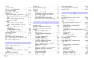 Clutch                                                   Door locks . . . . . . . . . . . . . . . . .     . . .3-4   Event data recorders . . . . . . . . . . . . . .9-20
   Clutch fluid . . . . . . . . . . . . . . . . .8-15    Door open warning light . . . . . . . . . .      . . .2-8   Exhaust gas (Carbon monoxide) . . . . . . . .5-2
C.M.V.S.S. certification label . . . . . . . . . .9-11   Drive belt . . . . . . . . . . . . . . . . . .    . .8-18   Eyeglass case . . . . . . . . . . . . . . . . . .2-25
Cold weather driving . . . . . . . . . . . . . .5-30     Driving
Compact disc (CD) player . . . . . . . . . . .4-18           Cold weather driving . . . . . . . . . .     . .5-30
Console box . . . . . . . . . . . . . . . . . . .2-27        Driving with automatic transmission . .      . .5-14                               F
Continuously Variable Transmission (CVT) . .5-17             Driving with Continuously Variable
   Continuously Variable Transmission (CVT)                  Transmission (CVT) . . . . . . . . . . .      . .5-17   Flashers
   fluid . . . . . . . . . . . . . . . . . . . . .8-14       Driving with manual transmission . . .        . .5-21   (See hazard warning flasher switch). . . . . .2-22
   Driving with Continuously Variable                        Precautions when starting and driving        . . .5-2   Flat tire . . . . . . . . . . . . . . . . . . . . . .6-2
   Transmission (CVT) . . . . . . . . . . . . .5-17                                                                  Floor mat positioning aid . . . . . . . . . . . . .7-5
Controls                                                                                                             Fluid
   Audio controls (steering wheel) . . . . . .4-27                                 E                                     Automatic transmission fluid (ATF) . . . .8-13
   Heater and air conditioner controls . . . . .4-3                                                                      Brake fluid . . . . . . . . . . . . . . . . . .8-15
Coolant                                                  Economy - fuel . . . . . . . . . . . . . . . .     .5-26        Capacities and recommended
   Capacities and recommended                            Emission control information label . . . . . .     .9-11        fuel/lubricants. . . . . . . . . . . . . . . . .9-2
   fuel/lubricants. . . . . . . . . . . . . . . . .9-2   Emission control system warranty . . . . . .       .9-18        Clutch fluid . . . . . . . . . . . . . . . . .8-15
   Changing engine coolant . . . . . . . . . .8-9        Engine                                                          Continuously Variable Transmission (CVT)
   Checking engine coolant level. . . . . . . .8-8          Before starting the engine . . . . . . . .      .5-12        fluid . . . . . . . . . . . . . . . . . . . . .8-14
Corrosion protection . . . . . . . . . . . . . . .7-5       Block heater . . . . . . . . . . . . . . . .    .5-32        Engine coolant . . . . . . . . . . . . . . . .8-8
Cruise control . . . . . . . . . . . . . . . . . .5-24      Capacities and recommended                                   Engine oil . . . . . . . . . . . . . . . . . . .8-9
Cup holders . . . . . . . . . . . . . . . . . . .2-25       fuel/lubricants. . . . . . . . . . . . . . .   . .9-2        Window washer fluid . . . . . . . . . . . .8-16
Curtain side-impact air bag system                          Changing engine coolant . . . . . . . .        . .8-9    F.M.V.S.S. certification label . . . . . . . . . .9-11
(See supplemental side air bag and curtain                  Changing engine oil . . . . . . . . . . .       .8-10    Fog light switch . . . . . . . . . . . . . . . . .2-21
side-impact air bag system) . . . . . . . . . .1-47         Changing engine oil filter . . . . . . . . .    .8-12    Front air bag system
                                                            Checking engine coolant level. . . . . .       . .8-8    (See supplemental restraint system) . . . . .1-43
                                                            Checking engine oil level . . . . . . . .      . .8-9    Front seats . . . . . . . . . . . . . . . . . . . .1-2
                          D                                 Engine compartment check locations. .          . .8-6    Fuel
                                                            Engine cooling system . . . . . . . . . .      . .8-8        Capacities and recommended
Daytime running light system                                Engine oil . . . . . . . . . . . . . . . . .   . .8-9        fuel/lubricants. . . . . . . . . . . . . . . . .9-2
(Canada only) . . . . . . . . . . . . . . . . . .2-20       Engine oil and oil filter recommendation       . .9-6        Fuel economy . . . . . . . . . . . . . . . .5-26
Defroster switch                                            Engine oil pressure warning light . . . .      . .2-8        Fuel gauge . . . . . . . . . . . . . . . . . .2-5
   Rear window and outside mirror defroster                 Engine oil viscosity . . . . . . . . . . . .   . .9-6        Fuel octane rating . . . . . . . . . . . . . .9-5
   switch . . . . . . . . . . . . . . . . . . . .2-19       Engine serial number . . . . . . . . . . .      .9-11        Fuel recommendation . . . . . . . . . . . .9-4
Dimensions and weights . . . . . . . . . . . . .9-9         Engine specifications. . . . . . . . . . .     . .9-8        Fuel-filler door and cap . . . . . . . . . . .3-26
Dimmer switch for instrument panel . . . . . .2-21          Starting the engine . . . . . . . . . . . .     .5-13        Fuel-filler door lock opener lever. . . . . .3-26
10-2




                                                                                          ੬ REVIEW COPY—2009 Versa (vrs)
                                                                                          Owners Manual—USA_English (nna)
                                                                                          09/10/08—debbie ੭
 