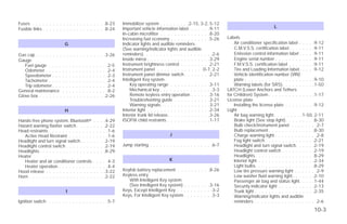 Fuses . . . . . . . . . . . . . . . . . . . . . .8-23                                          Immobilizer system . . . . . . . . .2-15, 3-2, 5-12
                                                                                               Important vehicle information label. . . . . . .9-11                                  L
Fusible links . . . . . . . . . . . . . . . . . . .8-24
                                                                                               In-cabin microfilter . . . . . . . . . . . . . . .8-20
                                                                                               Increasing fuel economy . . . . . . . . . . . .5-26        Labels
                               G                                                               Indicator lights and audible reminders                         Air conditioner specification label . . . . .9-12
                                                                                               (See warning/indicator lights and audible                      C.M.V.S.S. certification label . . . . . . . .9-11
Gas cap . . . . . . . .   . . . . . . . . . . . . .3-26                                        reminders). . . . . . . . . . . . . . . . . . . . .2-6         Emission control information label . . . . .9-11
Gauge                                                                                          Inside mirror . . . . . . . . . . . . . . . . . . .3-29        Engine serial number . . . . . . . . . . . .9-11
   Fuel gauge . . . .     .    .    .    .    .    .    .    .    .    .    .    .    . .2-5   Instrument brightness control . . . . . . . . .2-21            F.M.V.S.S. certification label . . . . . . . .9-11
   Odometer . . . . .     .    .    .    .    .    .    .    .    .    .    .    .    . .2-4   Instrument panel . . . . . . . . . . . . . .0-7, 2-2           Tire and Loading Information label. . . . .9-12
   Speedometer . . .      .    .    .    .    .    .    .    .    .    .    .    .    . .2-3   Instrument panel dimmer switch . . . . . . . .2-21             Vehicle identification number (VIN)
   Tachometer . . . .     .    .    .    .    .    .    .    .    .    .    .    .    . .2-4   Intelligent Key system                                         plate . . . . . . . . . . . . . . . . . . . . .9-10
   Trip odometer . . .    .    .    .    .    .    .    .    .    .    .    .    .    . .2-4       Key operating range . . . . . . . . . . . .3-11            Warning labels (for SRS). . . . . . . . . .1-50
General maintenance       .    .    .    .    .    .    .    .    .    .    .    .    . .8-2       Mechanical key . . . . . . . . . . . . . . . .3-3      LATCH (Lower Anchors and Tethers
Glove box . . . . . . .    .    .    .    .    .    .    .    .    .    .    .    .    .2-26       Remote keyless entry operation . . . . . .3-16         for CHildren) System . . . . . . . . . . . . . .1-17
                                                                                                   Troubleshooting guide . . . . . . . . . . .3-21        License plate
                                                                                                   Warning signals . . . . . . . . . . . . . . .3-21          Installing the license plate . . . . . . . . .9-12
                               H                                                               Interior light . . . . . . . . . . . . . . . . . . .2-34   Light
                                                                                               Interior trunk lid release. . . . . . . . . . . . .3-26        Air bag warning light. . . . . . . . .1-50, 2-11
Hands-free phone system, Bluetoothா                                     .    .    .    .4-29   ISOFIX child restraints . . . . . . . . . . . . .1-17          Brake light (See stop light). . . . . . . . .8-30
Hazard warning flasher switch . . . . .                                 .    .    .    .2-22                                                                  Bulb check/instrument panel . . . . . . . .2-7
Head restraints . . . . . . . . . . . . .                              .    .    .    . .1-6                                                                  Bulb replacement . . . . . . . . . . . . . .8-30
   Active Head Restraint . . . . . . .                                 .    .    .    . .1-6                              J                                   Charge warning light . . . . . . . . . . . . .2-8
Headlight and turn signal switch. . . .                                 .    .    .    .2-19                                                                  Fog light switch . . . . . . . . . . . . . . .2-21
Headlight control switch . . . . . . . .                                .    .    .    .2-19   Jump starting . . . . . . . . . . . . . . . . . . .6-7         Headlight and turn signal switch. . . . . .2-19
Headlights . . . . . . . . . . . . . . . .                              .    .    .    .8-29                                                                  Headlight control switch . . . . . . . . . .2-19
Heater                                                                                                                                                        Headlights . . . . . . . . . . . . . . . . . .8-29
   Heater and air conditioner controls                                 .    .    .    . .4-3                              K                                   Interior light . . . . . . . . . . . . . . . . .2-34
   Heater operation . . . . . . . . . .                                .    .    .    . .4-4                                                                  Light bulbs. . . . . . . . . . . . . . . . . .8-29
Hood release . . . . . . . . . . . . . .                                .    .    .    .3-22   Keyfob battery replacement . . .     . . . . . . .8-26         Low tire pressure warning light . . . . . . .2-9
Horn . . . . . . . . . . . . . . . . . . .                              .    .    .    .2-22   Keyless entry                                                  Low washer fluid warning light . . . . . . .2-10
                                                                                                  With Intelligent Key system                                 Passenger air bag and status light. . . . .1-44
                                                                                                  (See Intelligent Key system) .     . . . . . . .3-16        Security indicator light . . . . . . . . . . .2-13
                               I                                                               Keys, Except Intelligent Key . . .   . . . . . . . .3-2        Trunk light . . . . . . . . . . . . . . . . . .2-35
                                                                                               Keys, For Intelligent Key system .   . . . . . . . .3-3        Warning/indicator lights and audible
Ignition switch . . . . . . . . . . . . . . . . . .5-7                                                                                                        reminders . . . . . . . . . . . . . . . . . . .2-6
                                                                                                                                                                                                            10-3




                                                                                                                                ੬ REVIEW COPY—2009 Versa (vrs)
                                                                                                                                Owners Manual—USA_English (nna)
                                                                                                                                09/10/08—debbie ੭
 