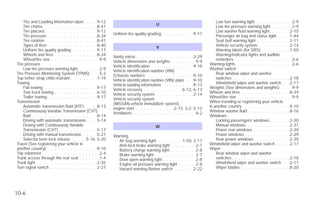 Tire and Loading Information label. . . . .9-12                                                                      Low fuel warning light . . . . . . . . .     .    . .2-9
    Tire chains . . . . . . . . . . . . . . . . . .8-41                              U                                   Low tire pressure warning light . . . .      .    . .2-9
    Tire placard . . . . . . . . . . . . . . . . .9-12                                                                   Low washer fluid warning light . . . . .      .    .2-10
                                                          Uniform tire quality grading. . . . . . . . . . .9-17
    Tire pressure . . . . . . . . . . . . . . . .8-34                                                                    Passenger air bag and status light. . .       .    .1-44
    Tire rotation . . . . . . . . . . . . . . . . .8-41                                                                  Seat belt warning light . . . . . . . . .     .    .2-11
    Types of tires . . . . . . . . . . . . . . . .8-40                                                                   Vehicle security system. . . . . . . . .      .    .2-14
                                                                                     V
    Uniform tire quality grading. . . . . . . . .9-17                                                                    Warning labels (for SRS). . . . . . . .       .    .1-50
    Wheels and tires . . . . . . . . . . . . . .8-34                                                                     Warning/indicator lights and audible
                                                          Vanity mirror . . . . . . . . . . . . . . . . . . .3-29
    Wheel/tire size . . . . . . . . . . . . . . . .9-9                                                                   reminders . . . . . . . . . . . . . . . .    . . .2-6
                                                          Vehicle dimensions and weights . . . . . . . .9-9
Tire pressure                                             Vehicle identification . . . . . . . . . . . . . .9-10     Warning lights . . . . . . . . . . . . . . .     . . .2-6
    Low tire pressure warning light . . . . . . .2-9      Vehicle identification number (VIN)                        Washer switch
Tire Pressure Monitoring System (TPMS) . . .5-3           (Chassis number) . . . . . . . . . . . . . . . .9-10           Rear window wiper and washer
Top tether strap child restraint . . . . . . . . .1-19    Vehicle identification number (VIN) plate . . .9-10            switches . . . . . . . . . . . . . . . . .    .    .2-18
Towing                                                                                                                   Windshield wiper and washer switch .          .    .2-17
                                                          Vehicle loading information. . . . . . . . . . .9-13
    Flat towing. . . . . . . . . . . . . . . . . .9-17    Vehicle recovery . . . . . . . . . . . . .6-12, 6-13       Weights (See dimensions and weights) .           .    . .9-9
    Tow truck towing . . . . . . . . . . . . . .6-10                                                                 Wheels and tires . . . . . . . . . . . . . .      .    .8-34
                                                          Vehicle security system. . . . . . . . . . . . .2-14
    Trailer towing . . . . . . . . . . . . . . . .9-17    Vehicle security system                                    Wheel/tire size . . . . . . . . . . . . . . .    .    . .9-9
Transmission                                              (NISSAN vehicle immobilizer system),                       When traveling or registering your vehicle
    Automatic transmission fluid (ATF) . . . .8-13        engine start . . . . . . . . . . . . .2-15, 3-2, 5-12      in another country. . . . . . . . . . . . . .    . .9-10
    Continuously Variable Transmission (CVT)              Ventilators . . . . . . . . . . . . . . . . . . . . .4-2   Window washer fluid . . . . . . . . . . . .      . .8-16
    fluid . . . . . . . . . . . . . . . . . . . . .8-14                                                              Windows
    Driving with automatic transmission . . . .5-14                                                                      Locking passengers’ windows . . . . .        .    .2-30
    Driving with Continuously Variable                                              W                                    Manual windows . . . . . . . . . . . .       .    .2-31
    Transmission (CVT) . . . . . . . . . . . . .5-17                                                                     Power rear windows . . . . . . . . . .       .    .2-30
    Driving with manual transmission . . . . .5-21        Warning                                                        Power windows . . . . . . . . . . . . .      .    .2-29
    Selector lever lock release . . . . .5-16, 5-20         Air bag warning light. . . . . . . . .1-50, 2-11             Rear power windows . . . . . . . . . .       .    .2-30
Travel (See registering your vehicle in                     Anti-lock brake warning light . . . . . . . .2-7         Windshield wiper and washer switch . . .         .    .2-17
another country). . . . . . . . . . . . . . . . .9-10       Battery charge warning light . . . . . . . . .2-8        Wiper
Trip odometer . . . . . . . . . . . . . . . . . . .2-4      Brake warning light . . . . . . . . . . . . . .2-7           Rear window wiper and washer
Trunk access through the rear seat . . . . . . .1-4         Door open warning light . . . . . . . . . . .2-8             switches . . . . . . . . . . . . . . . . .   . .2-18
Trunk light . . . . . . . . . . . . . . . . . . . .2-35     Engine oil pressure warning light . . . . . .2-8             Windshield wiper and washer switch .         . .2-17
Turn signal switch . . . . . . . . . . . . . . . .2-21      Hazard warning flasher switch . . . . . . .2-22              Wiper blades . . . . . . . . . . . . . .     . .8-20




10-6




                                                                                           ੬ REVIEW COPY—2009 Versa (vrs)
                                                                                           Owners Manual—USA_English (nna)
                                                                                           09/10/08—debbie ੭
 