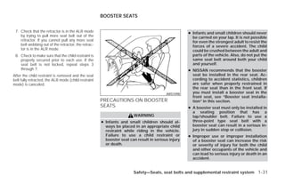 BOOSTER SEATS


 7. Check that the retractor is in the ALR mode                                                     ● Infants and small children should never
    by trying to pull more seat belt out of the                                                       be carried on your lap. It is not possible
    retractor. If you cannot pull any more seat                                                       for even the strongest adult to resist the
    belt webbing out of the retractor, the retrac-                                                    forces of a severe accident. The child
    tor is in the ALR mode.                                                                           could be crushed between the adult and
 8. Check to make sure that the child restraint is                                                    parts of the vehicle. Also, do not put the
    properly secured prior to each use. If the                                                        same seat belt around both your child
    seat belt is not locked, repeat steps 3                                                           and yourself.
    through 7.                                                                                      ● NISSAN recommends that the booster
After the child restraint is removed and the seat                                                     seat be installed in the rear seat. Ac-
belt fully retracted, the ALR mode (child restraint                                                   cording to accident statistics, children
mode) is canceled.                                                                                    are safer when properly restrained in
                                                                                                      the rear seat than in the front seat. If
                                                                                         ARS1098      you must install a booster seat in the
                                                                                                      front seat, see “Booster seat installa-
                                                      PRECAUTIONS ON BOOSTER                          tion” in this section.
                                                      SEATS                                         ● A booster seat must only be installed in
                                                                                                      a seating position that has a
                                                                       WARNING                        lap/shoulder belt. Failure to use a
                                                      ● Infants and small children should al-         three-point type seat belt with a
                                                        ways be placed in an appropriate child        booster seat can result in a serious in-
                                                        restraint while riding in the vehicle.        jury in sudden stop or collision.
                                                        Failure to use a child restraint or         ● Improper use or improper installation
                                                        booster seat can result in serious injury     of a booster seat can increase the risk
                                                        or death.                                     or severity of injury for both the child
                                                                                                      and other occupants of the vehicle and
                                                                                                      can lead to serious injury or death in an
                                                                                                      accident.


                                                                       Safety—Seats, seat belts and supplemental restraint system 1-31




                                                                                ੬ REVIEW COPY—2009 Versa (vrs)
                                                                                Owners Manual—USA_English (nna)
                                                                                09/10/08—debbie ੭
 