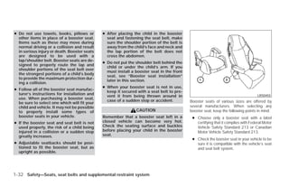 ● Do not use towels, books, pillows or        ● After placing the child in the booster
  other items in place of a booster seat.       seat and fastening the seat belt, make
  Items such as these may move during           sure the shoulder portion of the belt is
  normal driving or a collision and result      away from the child’s face and neck and
  in serious injury or death. Booster seats     the lap portion of the belt does not
  are designed to be used with a                cross the abdomen.
  lap/shoulder belt. Booster seats are de-
                                              ● Do not put the shoulder belt behind the
  signed to properly route the lap and
                                                child or under the child’s arm. If you
  shoulder portions of the seat belt over
                                                must install a booster seat in the front
  the strongest portions of a child’s body
                                                seat, see “Booster seat installation”
  to provide the maximum protection dur-
                                                later in this section.
  ing a collision.
                                              ● When your booster seat is not in use,
● Follow all of the booster seat manufac-
                                                keep it secured with a seat belt to pre-
  turer’s instructions for installation and                                                                                        LRS0455
                                                vent it from being thrown around in
  use. When purchasing a booster seat,
                                                case of a sudden stop or accident.         Booster seats of various sizes are offered by
  be sure to select one which will fit your
  child and vehicle. It may not be possible                                                several manufacturers. When selecting any
  to properly install some types of                            CAUTION                     booster seat, keep the following points in mind:
  booster seats in your vehicle.              Remember that a booster seat left in a        ● Choose only a booster seat with a label
● If the booster seat and seat belt is not    closed vehicle can become very hot.             certifying that it complies with Federal Motor
  used properly, the risk of a child being    Check the seating surface and buckles           Vehicle Safety Standard 213 or Canadian
  injured in a collision or a sudden stop     before placing your child in the booster        Motor Vehicle Safety Standard 213.
  greatly increases.                          seat.
                                                                                            ● Check the booster seat in your vehicle to be
● Adjustable seatbacks should be posi-                                                        sure it is compatible with the vehicle’s seat
  tioned to fit the booster seat, but as                                                      and seat belt system.
  upright as possible.




1-32 Safety—Seats, seat belts and supplemental restraint system




                                                                       ੬ REVIEW COPY—2009 Versa (vrs)
                                                                       Owners Manual—USA_English (nna)
                                                                       09/10/08—debbie ੭
 