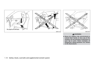 ARS1133                                     ARS1041

                                                                                                  WARNING
                                                                                  ● Never let children ride unrestrained or
                                                                                    extend their hands or face out of the
                                                                                    window. Do not attempt to hold them in
                                                                                    your lap or arms. Some examples of
                                                                                    dangerous riding positions are shown
                                                                                    in the illustrations.




1-38 Safety—Seats, seat belts and supplemental restraint system




                                                                  ੬ REVIEW COPY—2009 Versa (vrs)
                                                                  Owners Manual—USA_English (nna)
                                                                  09/10/08—debbie ੭
 