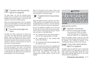 P position selecting warning                 Refer to “Seat belts” in the “Safety—Seats, seat
                                                                                                                                   WARNING
                                                       belts and supplemental restraint system” section
          light (if so equipped)                       for precautions on seat belt usage.                   If the supplemental air bag warning light
The light blinks red and the warning buzzer                                                                  is on, it could mean that the front air bag,
                                                                 Supplemental air bag warning                side air bag, curtain air bag systems
sounds if you are outside of the vehicle with the
                                                                 light                                       and/or pretensioner systems will not op-
Intelligent Key and the engine is off, but the shift
                                                                                                             erate in an accident. To help avoid injury
selector is not in the P (Park) position.                                                                    to yourself or others, have your vehicle
                                                       When the ignition switch is placed in the ON or
When the warning light blinks, place the ignition      START position, the supplemental air bag warn-        checked by a NISSAN dealer as soon as
switch in the ON position, move the shift selector     ing light illuminates for about 7 seconds and then    possible.
to the P position, then place the ignition switch in   turns off. This means the system is operational.
the LOCK position.                                                                                           INDICATOR LIGHTS
                                                       If any of the following conditions occur, the front
          Seat belt warning light and                  air bag, side air bag, curtain air bag, and preten-             Automatic Transmission
          chime                                        sioner systems need servicing and your vehicle                  (A/T)/Continuously Variable
                                                       must be taken to a NISSAN dealer:
                                                                                                                       Transmission (CVT) position
The light and chime remind you to fasten your           ● The supplemental air bag warning light re-
seat belts. The light illuminates whenever the                                                                         indicator light (if so equipped)
                                                          mains on after approximately 7 seconds.
ignition switch is placed in the ON or START                                                                 When the ignition switch is placed in the ON
position and remains illuminated until the driver’s     ● The supplemental air bag warning light
                                                                                                             position, this indicator light shows the shift selec-
seat belt is fastened. At the same time, the chime        flashes intermittently.                            tor position. See “Driving the vehicle” in the
sounds for about 6 seconds unless the driver’s          ● The supplemental air bag warning light does        “Starting and driving” section of this manual.
seat belt is securely fastened.                           not come on at all.
                                                                                                                        Cruise main switch indicator
The seat belt warning light may also illuminate if     Unless checked and repaired, the supplemental
the front passenger’s seat belt is not fastened
                                                                                                                       light (if so equipped)
                                                       restraint system (air bag system) and/or the pre-
when the front passenger’s seat is occupied . For      tensioners may not function properly. For addi-       The light comes on when the cruise control main
7 seconds after the ignition switch is placed in       tional details see “Supplemental restraint sys-       switch is pushed. The light goes out when the
the ON position, the system does not activate the      tem” in the “Safety—Seats, seat belts and             main switch is pushed again. When the cruise
warning light for the front passenger.                 supplemental restraint system” section of this        main switch indicator light comes on, the cruise
                                                       manual.                                               control system is operational.
                                                                                                                       Instruments and controls 2-11




                                                                                     ੬ REVIEW COPY—2009 Versa (vrs)
                                                                                     Owners Manual—USA_English (nna)
                                                                                     09/10/08—debbie ੭
 