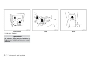 LIC0979                  LIC0980                     LIC0981
              Coin holders                   Front                               Rear
STORAGE TRAYS
                 WARNING
Do not place sharp objects in the trays to
help prevent injury in an accident or sud-
den stop.




2-24 Instruments and controls




                                                     ੬ REVIEW COPY—2009 Versa (vrs)
                                                     Owners Manual—USA_English (nna)
                                                     09/10/08—debbie ੭
 