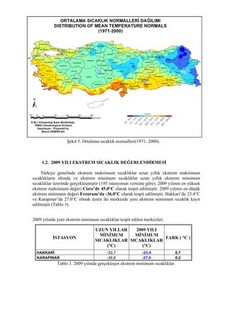 Şekil 5. Ortalama sıcaklık normalleri(1971- 2000).
1.2. 2009 YILI EKSTREM SICAKLIK DEĞERLENDİRMESİ
Türkiye genelinde ekstrem maksimum sıcaklıklar uzun yıllık ekstrem maksimum
sıcaklıkların altında ve ekstrem minimum sıcaklıklar uzun yıllık ekstrem minimum
sıcaklıklar üzerinde gerçekleşmiştir (195 istasyonun verisine göre). 2009 yılının en yüksek
ekstrem maksimum değeri Cizre’de 45.0°C olarak tespit edilmiştir. 2009 yılının en düşük
ekstrem minimum değeri Erzurum’da -36.0°C olarak tespit edilmiştir. Hakkari’de 23.4°C
ve Karapınar’da 27.0°C olmak üzere iki merkezde yeni ekstrem minimum sıcaklık kayıt
edilmiştir (Tablo 3).
2009 yılında yeni ekstrem minimum sıcaklıklar tespit edilen merkezler;
İSTASYON
UZUN YILLAR
MİNİMUM
SICAKLIKLAR
(°C)
2009 YILI
MİNİMUM
SICAKLIKLAR
(°C)
FARK ( °C )
HAKKARİ -22,7 -23,4 0,7
KARAPINAR -26,8 -27,0 0,2
Tablo 3. 2009 yılında gerçekleşen ekstrem minimum sıcaklıklar.
 