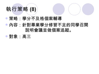 執行策略 (8) 策略：學分不及格個案輔導 內容：針對畢業學分修習不足的同學召開   說明會議並做個案追蹤。 對象：高三 