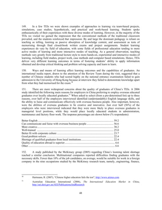 149.      In a few TEIs we were shown examples of approaches to learning via team-based projects,
simulations, case studies, hypotheticals, and practical and work-based learning. Students spoke
enthusiastically of their experiences with these diverse modes of learning. However, in the majority of the
TEIs we visited we gained the impression that the conventional methods of the traditional classroom
prevailed, and the students reinforced that impression. By and large the dominant pedagogy is reliant on
teaching as telling, learning as passive absorption of knowledge content, and assessment as tests of
memorising through final closed-book written exams and project assignments. Student learning
experiences do vary by field of education, with some fields of professional education tending to more
active modes of learning and more interactive modes of teaching. As a general observation, teaching
methods vary greatly from traditional lecture style to more hands-on, experiential and interactive modes of
learning, including field studies, project work, case methods and computer based simulations. Hence, TEIs
deliver very different learning outcomes in terms of fostering students’ ability to apply information
obtained and develop critical thinking and problem solving capacity and learn to learn.

150.      Ways and means of learning affect learning outcomes and the capabilities of graduates. An
international media report, drawn to the attention of the Review Team during the visit, suggested that a
number of Chinese students who had scored highly on the national entrance examination failed to gain
admission to the University of Hong Kong because at interview they failed to demonstrate knowledge apart
from what they had memorised for the exam.30

151.       There are more widespread concerns about the quality of graduates of China’s TEIs. A 2006
study identified the following main reasons for employers in China preferring to employ overseas educated
graduates over locally educated graduates.31 When asked to select (from a pre-determined list) up to three
reasons, over half of the employers interviewed identified (understandably) English language skills, and
the ability to liaise and communicate effectively with overseas business people. Also important, however,
were the abilities of overseas graduates to be creative and innovative. Just over half (56%) of the
employers who were interviewed indicated that they were more likely to place overseas graduates in
managerial level positions, while they would place locally educated students in administration,
maintenance and factory floor work. The response percentages are shown below (% respondents):

Better English .............................................................................................................. 59.2
Can communicate and liaise with overseas business people ....................................... 56.6
More creative ............................................................................................................... 38.2
Well-trained ............................................................................................................... 25.0
Better fit with corporate culture .................................................................................. 23.7
Good problem solvers ................................................................................................. 22.4
Shortage of qualified graduates from local institutions ............................................... 22.4
Quality of education abroad is superior ......................................................................... 6.6
Other .............................................................................................................................. 6.6

152.     A study published by the McKinsey group (2005) regarding China’s looming talent shortage
reached a similar conclusion. Multinational companies reported difficulties finding graduates with the
necessary skills. Fewer than 10% of the job candidates, on average, would be suitable for work in a foreign
company in the nine occupations studied by the McKinsey research team, namely, engineering, finance,




30
              Hartmann, R. (2007), “Chinese higher education fails the test”, http://www.atimes.com
31
              Australian Education International (2006), The                                   International         Education         Market   in   China,
              http://aei.dest.gov.au/AEI/PublicationsAndResearch


                                                                                48
 
