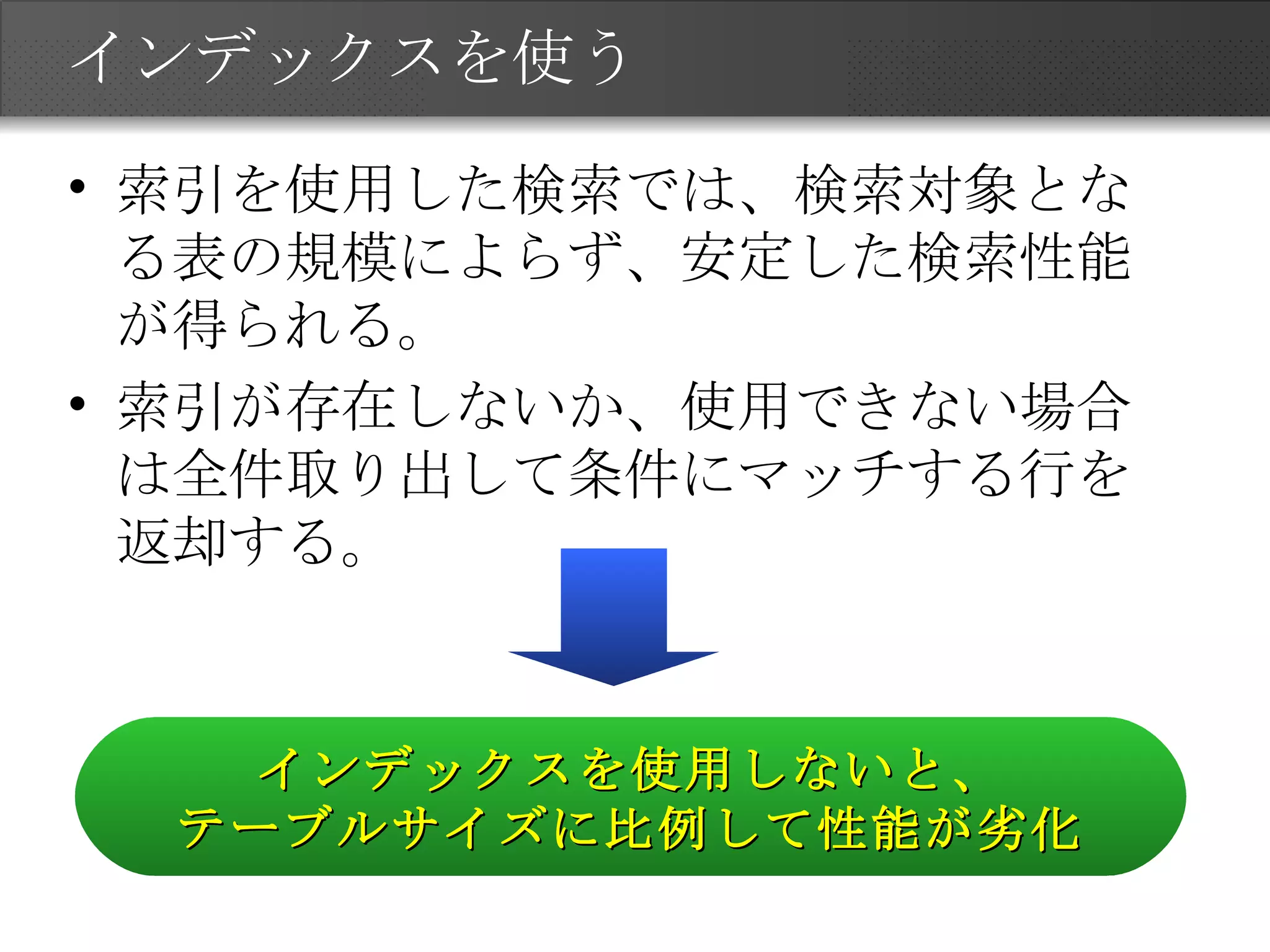 インデックスを使う 索引を使用した検索では、検索対象となる表の規模によらず、安定した検索性能が得られる。 索引が存在しないか、使用できない場合は全件取り出して条件にマッチする行を返却する。 インデックスを使用しないと、 テーブルサイズに比例して性能が劣化 