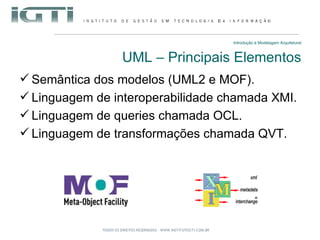 Introdução à Modelagem Arquitetural UML – Principais Elementos Semântica dos modelos (UML2 e MOF). Linguagem de interoperabilidade chamada XMI. Linguagem de queries chamada OCL.  Linguagem de transformações chamada QVT. 
