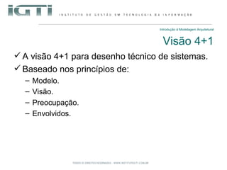 Introdução à Modelagem Arquitetural Visão 4+1 A visão 4+1 para desenho técnico de sistemas. Baseado nos princípios de: Modelo. Visão. Preocupação. Envolvidos. 