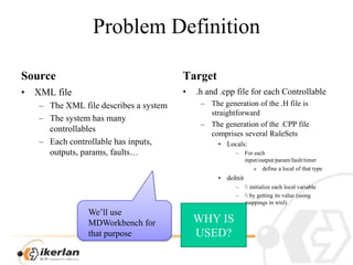 ProblemDefinitionSourceXML fileThe XML file describes a systemThesystem has manycontrollablesEachcontrollable has inputs, outputs, params, faults…Target.h and .cppfileforeachControllableThe generation of the .H file is straightforwardThe generation of the .CPP file comprises several RuleSetsLocals:For each input/output/param/fault/timer define a local of that typedoInit\\ initialize each local variable\\ by getting its value (using mappings in wtsl)WHY IS USED?We’ll use MDWorkbench forthatpurpose