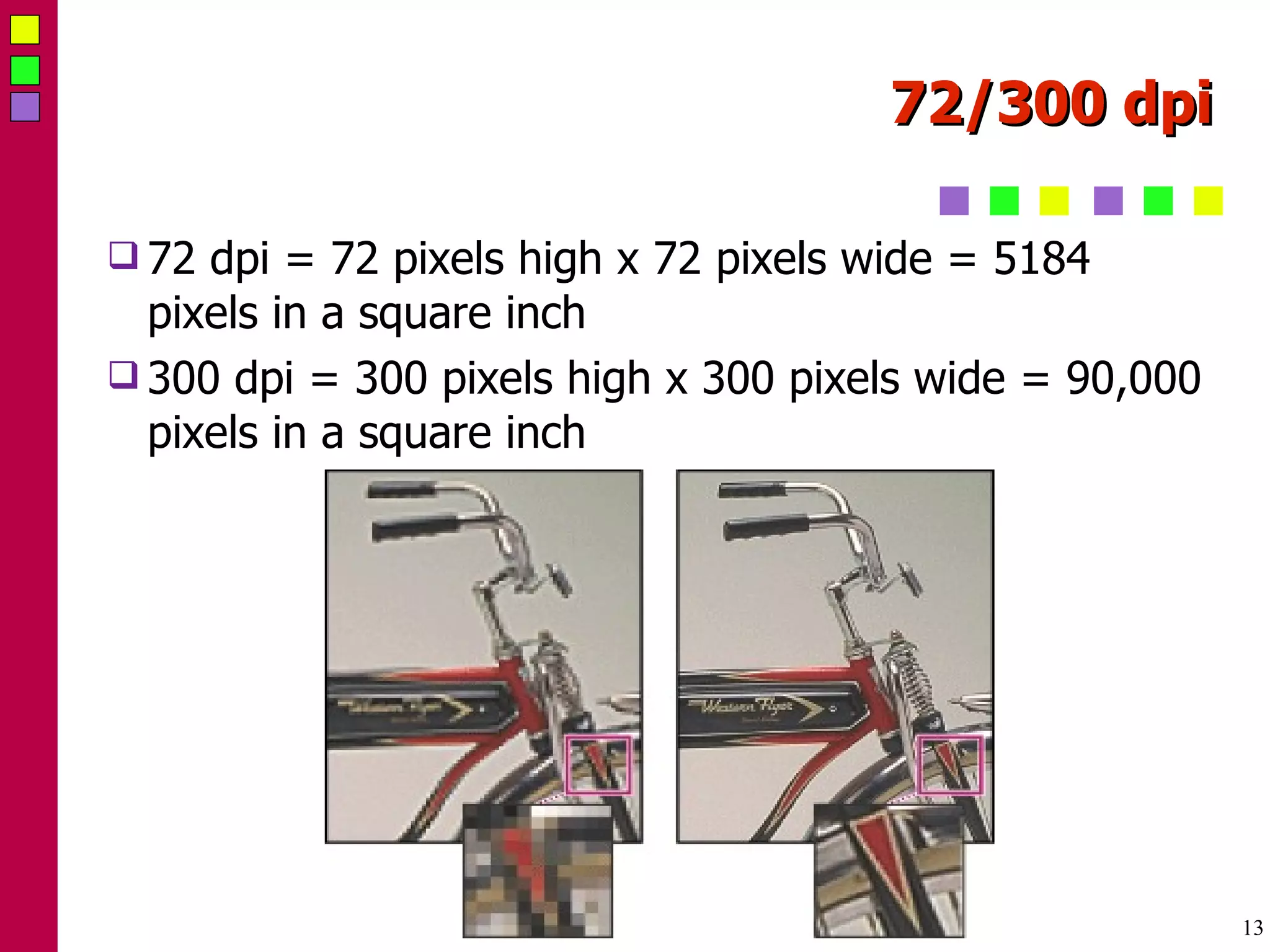 72/300 dpi 72 dpi = 72 pixels high x 72 pixels wide = 5184 pixels in a square inch 300 dpi = 300 pixels high x 300 pixels wide = 90,000 pixels in a square inch 