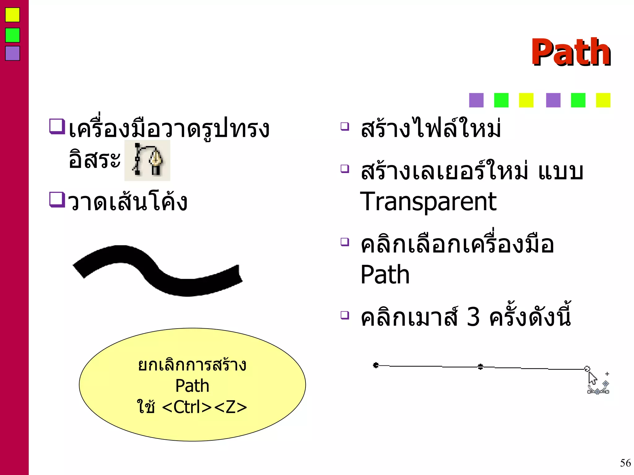 Path เครื่องมือวาดรูปทรงอิสระ วาดเส้นโค้ง สร้างไฟล์ใหม่ สร้างเลเยอร์ใหม่ แบบ  Transparent คลิกเลือกเครื่องมือ  Path คลิกเมาส์  3  ครั้งดังนี้ ยกเลิกการสร้าง  Path ใช้  <Ctrl><Z> 