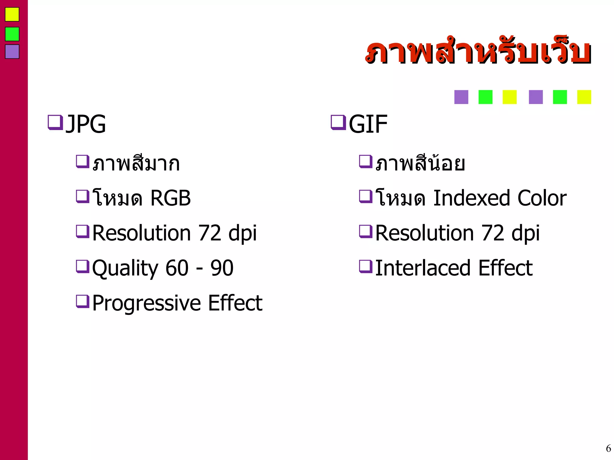 ภาพสำหรับเว็บ JPG ภาพสีมาก โหมด  RGB Resolution 72 dpi Quality 60 - 90 Progressive Effect GIF ภาพสีน้อย โหมด  Indexed Color Resolution 72 dpi Interlaced Effect 