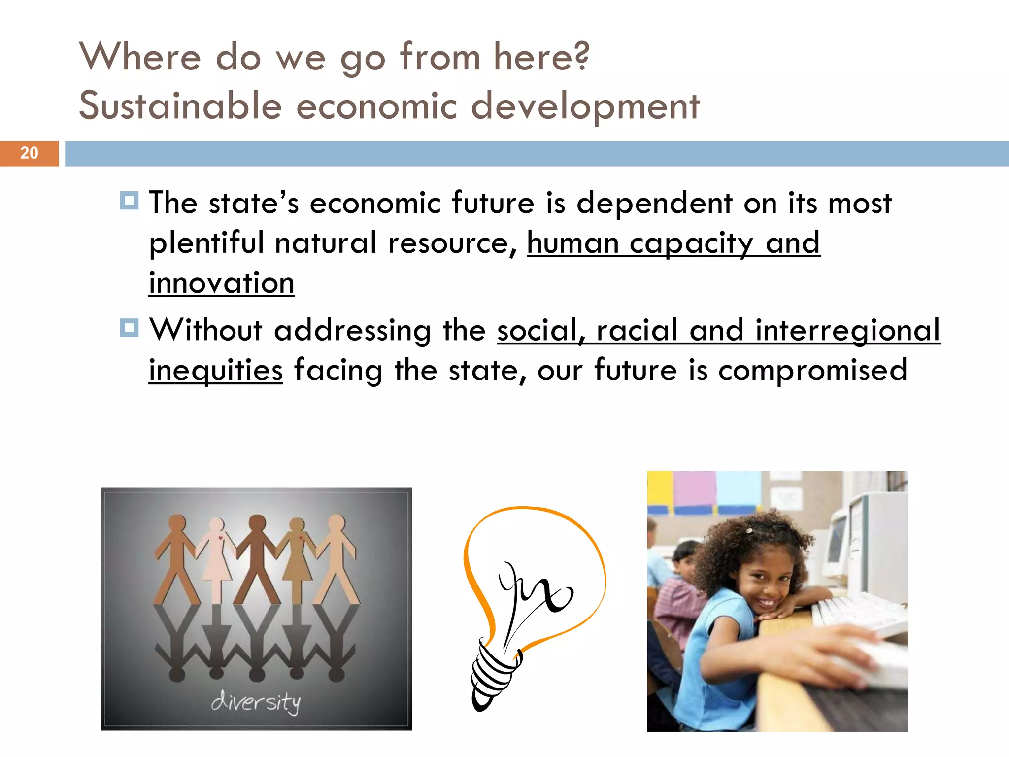 Where do we go from here?  Sustainable economic development  The state’s economic future is dependent on its most plentiful natural resource,  human capacity and innovation   Without addressing the  social, racial and interregional inequities  facing the state, our future is compromised  