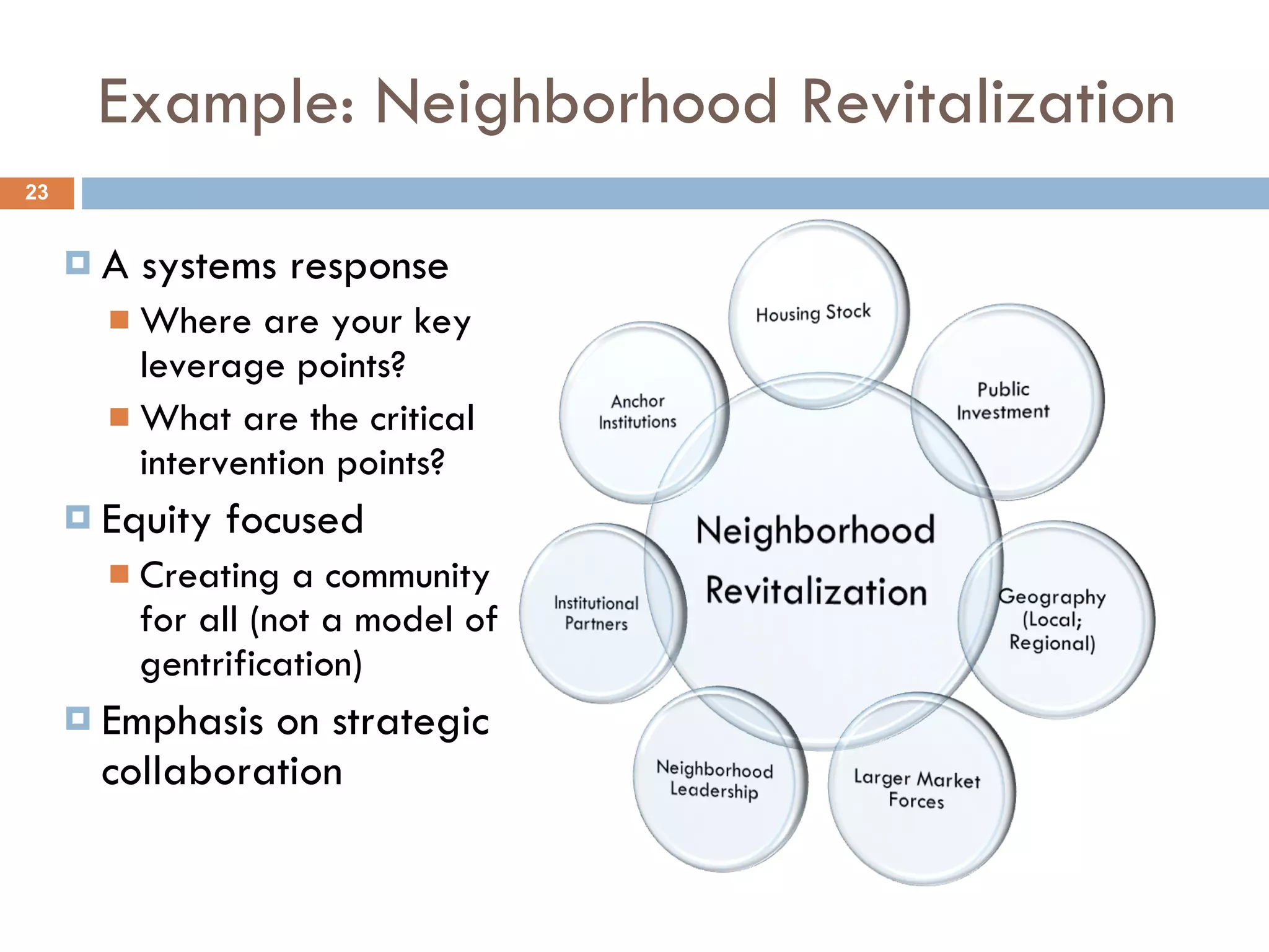 Example: Neighborhood Revitalization A systems response Where are your key leverage points? What are the critical intervention points? Equity focused Creating a community for all (not a model of gentrification) Emphasis on strategic collaboration 