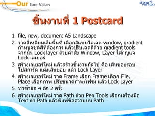 ชิ้นงานที่  1 Postcard file, new, document A5 Landscape วาดสี่เหลี่ยมเต็มพื้นที่ เลือกสีแบบไล่เฉด  window, gradient  กำหนดชุดสีที่ต้องการ แล้วปรับเฉดสีด้วย  gradient tools  จากนั้น  Lock layer  ด้วยคำสั่ง  Window, Layer  ใส่กุญแจ  Lock  เลเยอร์ สร้างเลเยอร์ใหม่ แล้วสร้างชิ้นงานถัดไป คือ เส้นขอบรอบโปสการ์ด แต่งเส้นขอบ แล้ว  Lock Layer สร้างเลเยอร์ใหม่ วาด  Frame  เลือก  Frame  เลือก  File, Place  เลือกภาพ ปรับขนาดภาพ / เฟรม แล้ว  Lock Layer ทำซ้ำข้อ  4   อีก  2   ครั้ง  สร้างเลเยอร์ใหม่ วาด  Path  ด้วย  Pen Tools  เลือกเครื่องมือ  Text on Path  แล้วพิมพ์ข้อความบน  Path  