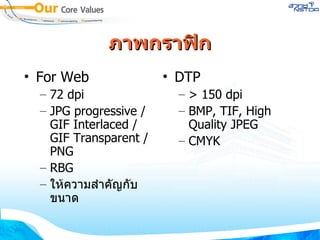 ภาพกราฟิก For Web 72 dpi JPG progressive / GIF Interlaced / GIF Transparent / PNG RBG ให้ความสำคัญกับขนาด DTP > 150 dpi BMP, TIF, High Quality JPEG CMYK 