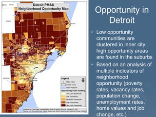 Low opportunity communities are clustered in inner city, high opportunity areas are found in the suburbs Based on an analysis of multiple indicators of neighborhood opportunity (poverty rates, vacancy rates, population change, unemployment rates, home values and job change, etc.) Opportunity in Detroit 