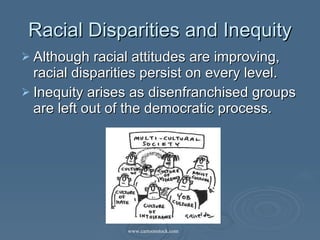 Racial Disparities and Inequity Although racial attitudes are improving, racial disparities persist on every level. Inequity arises as disenfranchised groups are left out of the democratic process.  www.cartoonstock.com  