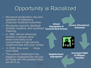 Opportunity is Racialized Structural racialization: the joint operation of institutions produces racialized outcomes. Structures unevenly distribute benefits, burdens, and racialized meaning. In 1960, African-American families in poverty were  3.8  times more likely to be concentrated in high-poverty neighborhoods than poor whites. In 2000, they were  7.3  times more likely. This uneven distribution has negative consequences not just for those with the greatest need, but all of us. Lower Educational Outcomes Increased Flight of Affluent  Families Neighborhood  Segregation School Segregation & Concentrated Poverty 