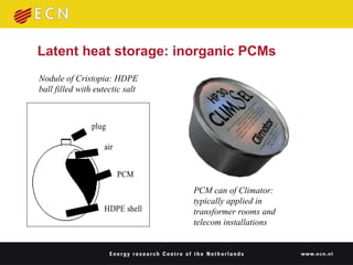 Latent heat storage: inorganic PCMs PCM can of Climator: typically applied in transformer rooms and telecom installations Nodule of Cristopia: HDPE ball filled with eutectic salt 