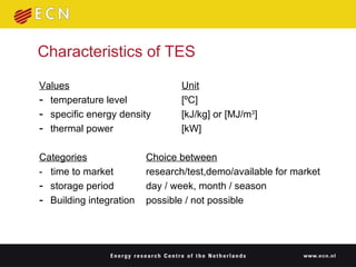 Characteristics of TES Values Unit temperature level [ºC] specific energy density [kJ/kg] or [MJ/m 3 ] thermal power [kW] Categories Choice between -  time to market research/test,demo/available for market storage period day / week, month / season Building integration possible / not possible 