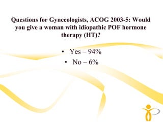 Questions for Gynecologists, ACOG 2003-5: Would
 you give a woman with idiopathic POF hormone
                 therapy (HT)?

                 • Yes – 94%
                  • No – 6%
 