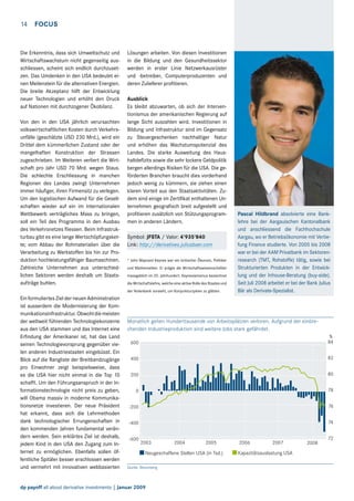 14  FOCUS

Die Erkenntnis, dass sich Umweltschutz und
Wirtschaftswachstum nicht gegenseitig ausschliessen, scheint sich endlich durchzusetzen. Das Umdenken in den USA bedeutet einen Meilenstein für die alternativen Energien.
Die breite Akzeptanz hilft der Entwicklung
neuer Technologien und erhöht den Druck
auf Nationen mit durchzogener Ökobilanz.
Von den in den USA jährlich verursachten
volkswirtschaftlichen Kosten durch Verkehrsunfälle (geschätzte USD 230 Mrd.), wird ein
Drittel dem kümmerlichen Zustand oder der
mangelhaften Konstruktion der Strassen
zugeschrieben. Im Weiteren verliert die Wirtschaft pro Jahr USD 70 Mrd. wegen Staus.
Die schlechte Erschliessung in manchen
Regionen des Landes zwingt Unternehmen
immer häufiger, ihren Firmensitz zu verlegen.
Um den logistischen Aufwand für die Gesellschaften wieder auf ein im internationalen
Wettbewerb verträgliches Mass zu bringen,
soll ein Teil des Programms in den Ausbau
des Verkehrsnetzes fliessen. Beim Infrastrukturbau gibt es eine lange Wertschöpfungskette; vom Abbau der Rohmaterialien über die
Verarbeitung zu Werkstoffen bis hin zur Produktion hochleistungsfähiger Baumaschinen.
Zahlreiche Unternehmen aus unterschiedlichen Sektoren werden deshalb um Staatsaufträge buhlen.

Lösungen arbeiten. Von diesen Investitionen
in die Bildung und den Gesundheitssektor
werden in erster Linie Netzwerkausrüster
und -betreiber, Computerproduzenten und
deren Zulieferer profitieren.
Ausblick
Es bleibt abzuwarten, ob sich der Interventionismus der amerikanischen Regierung auf
lange Sicht auszahlen wird. Investitionen in
Bildung und Infrastruktur sind im Gegensatz
zu Steuergeschenken nachhaltiger Natur
und erhöhen das Wachstumspotenzial des
Landes. Die starke Ausweitung des Haushaltdefizits sowie die sehr lockere Geldpolitik
bergen allerdings Risiken für die USA. Die geförderten Branchen braucht dies vorderhand
jedoch wenig zu kümmern, sie ziehen einen
klaren Vorteil aus den Staatsaktivitäten. Zudem sind einige im Zertifikat enthaltenen Unternehmen geografisch breit aufgestellt und
profitieren zusätzlich von Stützungsprogrammen in anderen Ländern.
Symbol: JFSTA / Valor: 4'935'840
Link: http://derivatives.juliusbaer.com
* John Maynard Keynes war ein britischer Ökonom, Politiker
und Mathematiker. Er prägte die Wirtschaftswissenschaften
massgeblich im 20. Jahrhundert. Keynesianismus bezeichnet
die Wirtschaftslehre, welche eine aktive Rolle des Staates und
der Notenbank vorsieht, um Konjunkturzyklen zu glätten.

Ein formuliertes Ziel der neuen Administration
ist ausserdem die Modernisierung der Kommunikationsinfrastruktur. Obwohl die meisten
der weltweit führenden Technologiekonzerne
aus den USA stammen und das Internet eine
Erfindung der Amerikaner ist, hat das Land
seinen Technologievorsprung gegenüber vielen anderen Industriestaaten eingebüsst. Ein
Blick auf die Rangliste der Breitbandzugänge
pro Einwohner zeigt beispielsweise, dass
es die USA hier nicht einmal in die Top 10
schafft. Um den Führungsanspruch in der Informationstechnologie nicht preis zu geben,
will Obama massiv in moderne Kommunikationsnetze investieren. Der neue Präsident
hat erkannt, dass sich die Lehrmethoden
dank technologischer Errungenschaften in
den kommenden Jahren fundamental verändern werden. Sein erklärtes Ziel ist deshalb,
jedem Kind in den USA den Zugang zum Internet zu ermöglichen. Ebenfalls sollen öffentliche Spitäler besser erschlossen werden
und vermehrt mit innovativen webbasierten

Pascal Hildbrand absolvierte eine Banklehre bei der Aargauischen Kantonalbank
und anschliessend die Fachhochschule
Aargau, wo er Betriebsökonomie mit Vertiefung Finance studierte. Von 2005 bis 2008
war er bei der AAM Privatbank im Sektorenresearch (TMT, Rohstoffe) tätig, sowie bei
Strukturierten Produkten in der Entwicklung und der Inhouse-Beratung (buy-side).
Seit Juli 2008 arbeitet er bei der Bank Julius
Bär als Derivate-Spezialist.

Monatlich gehen Hunderttausende von Arbeitsplätzen verloren. Aufgrund der einbrechenden Industrieproduktion sind weitere Jobs stark gefährdet.
600

%
84

400

82

200

80

0

78

-200

76

-400

74

-600

2003

2004

2005

Neugeschaffene Stellen USA (in Tsd.)
Quelle: Bloomberg

dp payoff all about derivative investments | Januar 2009

2006

2007

Kapazitätsauslastung USA

2008

72

 