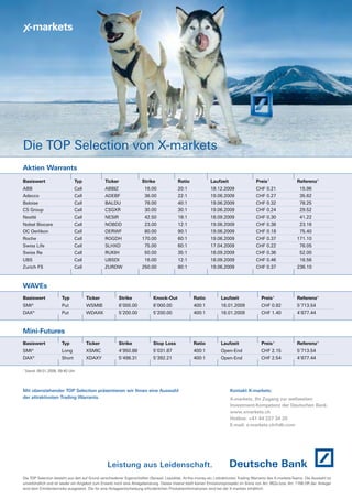28  FOCUS

WETTBEWERB   28

Die TOP Selection von X-markets
Aktien Warrants
Basiswert

Typ

Ticker

Strike

Ratio

Laufzeit

Preis 1

ABB

Call

ABBIZ

Adecco

Call

ADEBF

Baloise

Call

CS Group

Referenz 1

16.00

20:1

18.12.2009

CHF 0.21

15.96

36.00

22:1

19.06.2009

CHF 0.27

35.62

BALDU

78.00

40:1

19.06.2009

CHF 0.32

78.25

Call

CSGXR

30.00

30:1

19.06.2009

CHF 0.24

29.52

Nestlé

Call

NESIR

42.50

18:1

18.09.2009

CHF 0.30

41.22

Nobel Biocare

Call

NOBDD

23.00

12:1

19.06.2009

CHF 0.38

23.16

OC Oerlikon

Call

OERWF

80.00

90:1

19.06.2009

CHF 0.18

75.40

Roche

Call

ROGDH

170.00

60:1

19.06.2009

CHF 0.37

171.10

Swiss Life

Call

SLHXD

75.00

60:1

17.04.2009

CHF 0.22

76.05

Swiss Re

Call

RUKIH

50.00

35:1

18.09.2009

CHF 0.36

52.00

UBS

Call

UBSDI

16.00

12:1

18.09.2009

CHF 0.46

16.56

Zurich FS

Call

ZURDW

250.00

80:1

19.06.2009

CHF 0.37

236.10

WAVEs
Basiswert

Typ

Ticker

Strike

Knock-Out

Ratio

Laufzeit

Preis 1

Referenz 1

SMI®

Put

WSMIB

6’000.00

6’000.00

400:1

16.01.2009

CHF 0.92

5’713.54

DAX®

Put

WDAXK

5’200.00

5’200.00

400:1

16.01.2009

CHF 1.40

4’877.44

Mini-Futures
Basiswert

Typ

Ticker

Strike

Stop Loss

Ratio

Laufzeit

Preis 1

Referenz 1

SMI®

Long

XSMIC

4’950.88

5’031.87

400:1

Open-End

CHF 2.15

5’713.54

DAX®

Short

XDAXY

5’498.31

5’392.21

400:1

Open-End

CHF 2.54

4’877.44

1

Stand: 09.01.2009, 09:40 Uhr

Mit obenstehender TOP Selection präsentieren wir Ihnen eine Auswahl
der attraktivsten Trading Warrants.

Kontakt X-markets:
X-markets, Ihr Zugang zur weltweiten
Investment-Kompetenz der Deutschen Bank.
www.xmarkets.ch
Hotline: +41 44 227 34 20
E-mail: x-markets.ch@db.com

Leistung aus Leidenschaft.
Die TOP Selection besteht aus den auf Grund verschiedener Eigenschaften (Spread, Liquidität, At-the-money etc.) attraktivsten Trading Warrants des X-markets-Teams. Die Auswahl ist
unverbindlich und ist weder ein Angebot zum Erwerb
dp payoff all about derivative investments |noch eine Anlageberatung. Dieses Inserat stellt keinen Emissionsprospekt im Sinne von Art. 652a bzw. Art. 1156 OR dar. Anleger
Januar 2009
sind dem Emittentenrisiko ausgesetzt. Die für eine Anlageentscheidung erforderlichen Produkteinformationen sind bei der X-markets erhältlich.

 