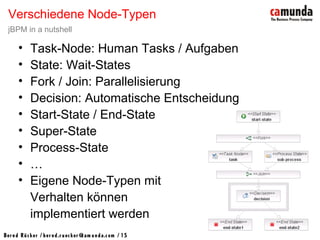Bernd Rücker / ber nd.r uecker @cam unda.com / 15
• Task-Node: Human Tasks / Aufgaben
• State: Wait-States
• Fork / Join: Parallelisierung
• Decision: Automatische Entscheidung
• Start-State / End-State
• Super-State
• Process-State
• …
• Eigene Node-Typen mit
Verhalten können
implementiert werden
Verschiedene Node-Typen
jBPM in a nutshell
 