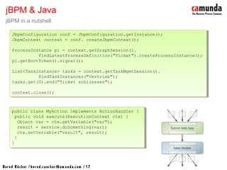 Bernd Rücker / ber nd.r uecker @cam unda.com / 17
public class MyAction implements ActionHandler {
public void execute(ExecutionContext ctx) {
Object var = ctx.getVariable("var");
result = service.doSomething(var);
ctx.setVariable("result", result);
}
}
public class MyAction implements ActionHandler {
public void execute(ExecutionContext ctx) {
Object var = ctx.getVariable("var");
result = service.doSomething(var);
ctx.setVariable("result", result);
}
}
jBPM & Java
jBPM in a nutshell
JbpmConfiguration conf = JbpmConfiguration.getInstance();
JbpmContext context = conf. createJbpmContext();
ProcessInstance pi = context.getGraphSession().
findLatestProcessDefinition("Ticket").createProcessInstance();
pi.getRootToken().signal();
List<TaskInstance> tasks = context.getTaskMgmtSession().
findTaskInstances("Vertrieb");
tasks.get(0).end("Ticket schliessen");
context.close();
JbpmConfiguration conf = JbpmConfiguration.getInstance();
JbpmContext context = conf. createJbpmContext();
ProcessInstance pi = context.getGraphSession().
findLatestProcessDefinition("Ticket").createProcessInstance();
pi.getRootToken().signal();
List<TaskInstance> tasks = context.getTaskMgmtSession().
findTaskInstances("Vertrieb");
tasks.get(0).end("Ticket schliessen");
context.close();
 