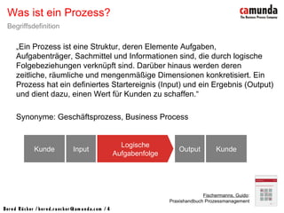 Bernd Rücker / ber nd.r uecker @cam unda.com / 4
„Ein Prozess ist eine Struktur, deren Elemente Aufgaben,
Aufgabenträger, Sachmittel und Informationen sind, die durch logische
Folgebeziehungen verknüpft sind. Darüber hinaus werden deren
zeitliche, räumliche und mengenmäßige Dimensionen konkretisiert. Ein
Prozess hat ein definiertes Startereignis (Input) und ein Ergebnis (Output)
und dient dazu, einen Wert für Kunden zu schaffen.“
Synonyme: Geschäftsprozess, Business Process
Was ist ein Prozess?
Begriffsdefinition
Kunde Input Output Kunde
Logische
Aufgabenfolge
Fischermanns, Guido:
Praxishandbuch Prozessmanagement
 