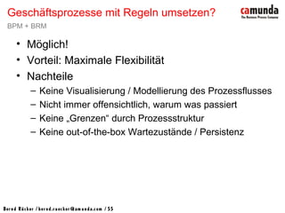 Bernd Rücker / ber nd.r uecker @cam unda.com / 55
• Möglich!
• Vorteil: Maximale Flexibilität
• Nachteile
– Keine Visualisierung / Modellierung des Prozessflusses
– Nicht immer offensichtlich, warum was passiert
– Keine „Grenzen“ durch Prozessstruktur
– Keine out-of-the-box Wartezustände / Persistenz
Geschäftsprozesse mit Regeln umsetzen?
BPM + BRM
 