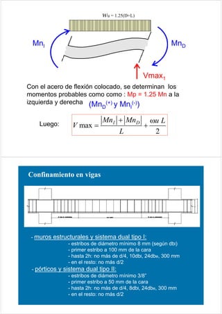 wu = 1.25(D+L)


 MnI                                                        MnD



                                                Vmax1
Con el acero de flexión colocado, se determinan los
momentos probables como como : Mp = 1.25 Mn a la
izquierda y derecha (Mn (+) y Mn (-))
                               D           I

                           MnI + MnD ωu L
    Luego:         V max =          +
                               L      2




Confinamiento en vigas




 - muros   estructurales y sistema dual tipo I:
                 - estribos de diámetro mínimo 8 mm (según dbl)
                 - primer estribo a 100 mm de la cara
                 - hasta 2h: no más de d/4, 10dbl, 24dbe, 300 mm
                 - en el resto: no más d/2
 - pórticos   y sistema dual tipo II:
                 - estribos de diámetro mínimo 3/8”
                 - primer estribo a 50 mm de la cara
                 - hasta 2h: no más de d/4, 8dbl, 24dbe, 300 mm
                 - en el resto: no más d/2
 