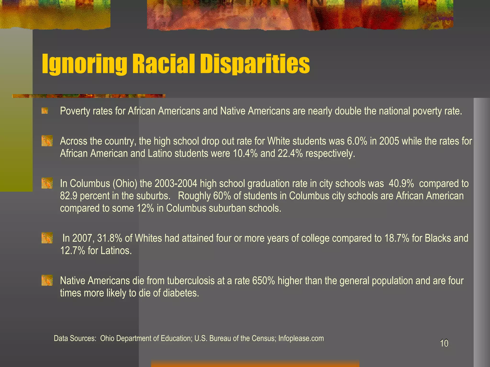 Ignoring Racial Disparities Poverty rates for African Americans and Native Americans are nearly double the national poverty rate.  Across the country, the high school drop out rate for White students was 6.0% in 2005 while the rates for African American and Latino students were 10.4% and 22.4% respectively. In Columbus (Ohio) the 2003-2004 high school graduation rate in city schools was  40.9%  compared to 82.9 percent in the suburbs.  Roughly 60% of students in Columbus city schools are African American compared to some 12% in Columbus suburban schools.   In 2007, 31.8% of Whites had attained four or more years of college compared to 18.7% for Blacks and 12.7% for Latinos.  Native Americans die from tuberculosis at a rate 650% higher than the general population and are four times more likely to die of diabetes.   Data Sources:  Ohio Department of Education; U.S. Bureau of the Census; Infoplease.com 