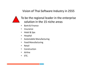 Vision of Thai Software Industry in 2555

To be the regional leader in the enterprise
  solution in the 15 niche areas
?    Bank & Finance
?    Insurance
?    Hotel & Spa
?    Hospital
?    Automobile Manufacturing
?    Food Manufacturing
?    Retail
?    Construction
?    Airline
?    ETC.
 