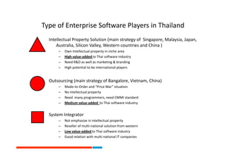 Type of Enterprise Software Players in Thailand
  Intellectual Property Solution (main strategy of Singapore, Malaysia, Japan,
      Australia, Silicon Valley, Western countries and China )
      C   Own Intellectual property in niche area
      C   High value-added to Thai software industry
      C   Need R&D as well as marketing & branding
      C   High potential to be international players


  Outsourcing (main strategy of Bangalore, Vietnam, China)
      C   Made-to-Order and Price War situation
      C   No intellectual property
      C   Need many programmers, need CMMI standard
      C   Medium value-added to Thai software industry


  System Integrator
      C   Not emphasize in intellectual property
      C   Reseller of multi-national solution from western
      C   Low value-added to Thai software industry
      C   Good relation with multi-national IT companies
 