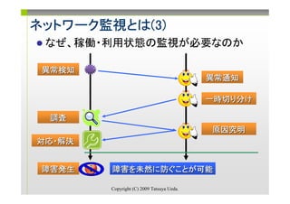 ネットワーク監視とは(3)
ネットワーク監視とは(3)
      監視とは
 なぜ、稼働・利用状態の監視が必要なのか

 異常検知
                                           異常通知

                                           一時切り
                                           一時切り分け

 調査
                                           原因究明
対応・解決
対応・


 障害発生   障害を未然に ぐことが可能
        障害を未然に防ぐことが可能

        Copyright (C) 2009 Tatsuya Ueda.
 