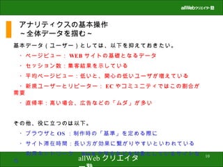 アナリティクスの基本操作 ～全体データを掴む～ 基本データ（ユーザー）としては、以下を抑えておきたい。 　・ページビュー： WEB サイトの基礎となるデータ 　・セッション数：集客結果を示している 　・平均ページビュー：低いと、関心の低いユーザが増えている 　・新規ユーザーとリピーター： EC やコミュニティではこの割合が需要 　・直帰率：高い場合、広告などの「ムダ」が多い その他、役に立つのは以下。 　・ブラウザと OS ：制作時の「基準」を定める際に 　・サイト滞在時間：長い方が効果に繋がりやすいといわれている 　・利用ネットワーク： BtoB や学生などを対象としているサイトなら 